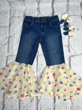 Girls Floral Flare Jeans 3T Boho Bell Bottoms Handmade Reworked denim